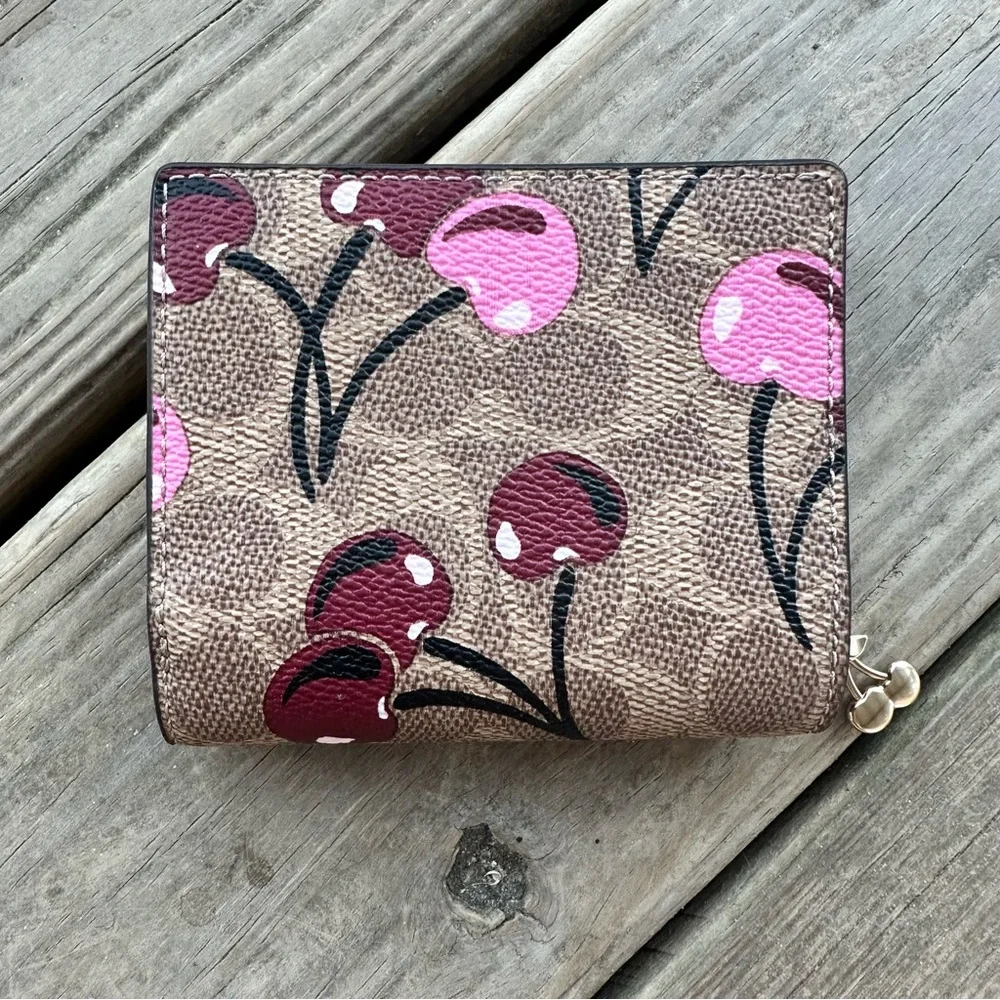 Coach Snap Wallet In Signature Canvas With Cherry Print In Tan Multi Zip Fold